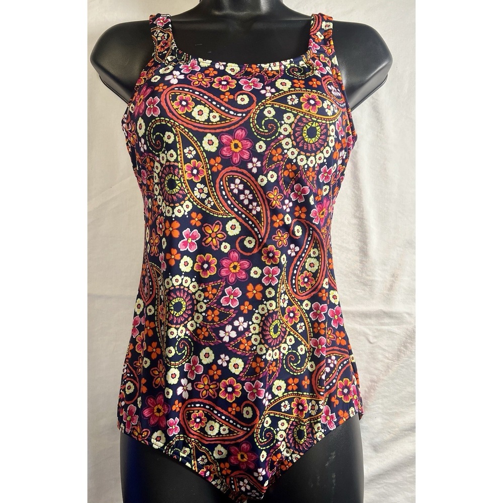 Lands End Floral One Piece Bathing Suit Size Floral Paisley Print Modest EUC